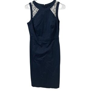 Ann Taylor Shift Dress Size 0 (XS) Navy Mini Sleeveless Lace Trim Pencil Office
